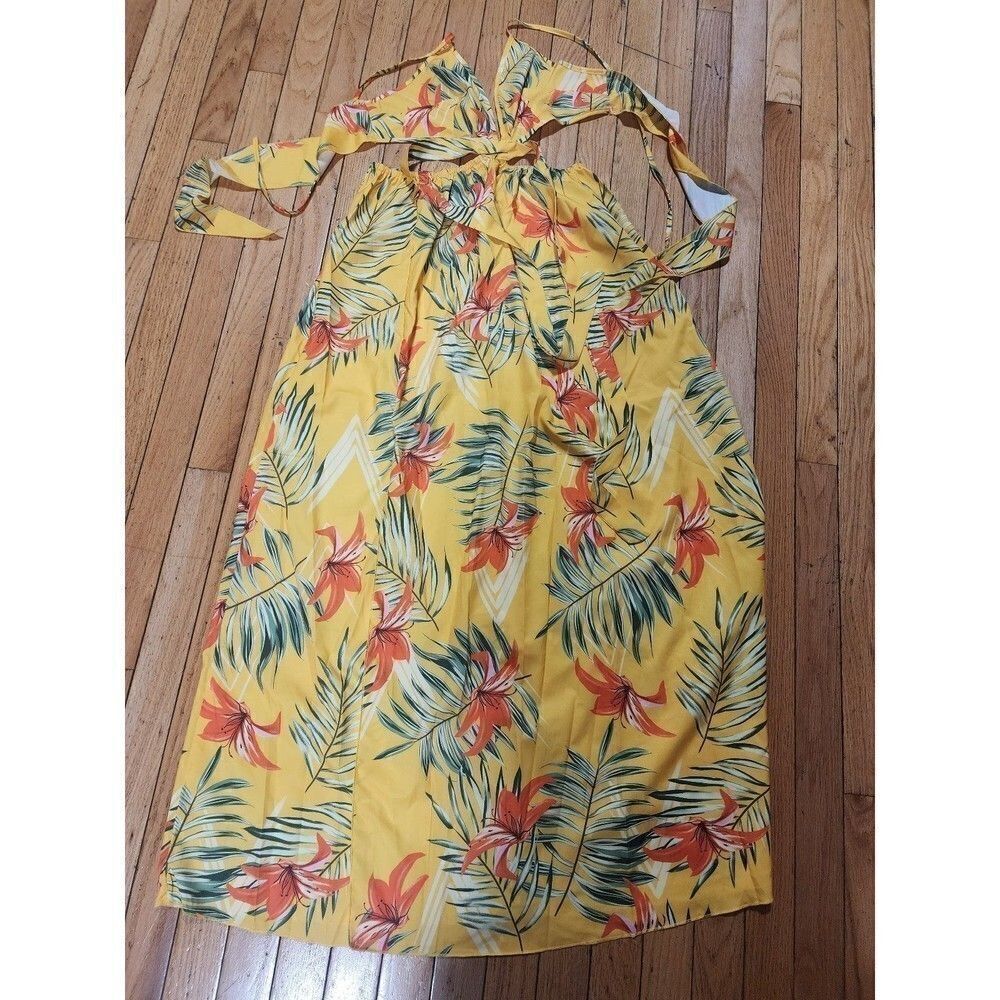 Women's Tropical Print Backless Knot Halter Neck Slit Thigh Dress Size S - Picture 3 of 8